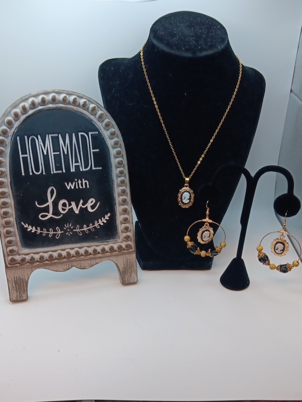 Handmade Gold Cameo Necklace and Hoop Earring Set - Black and Gold